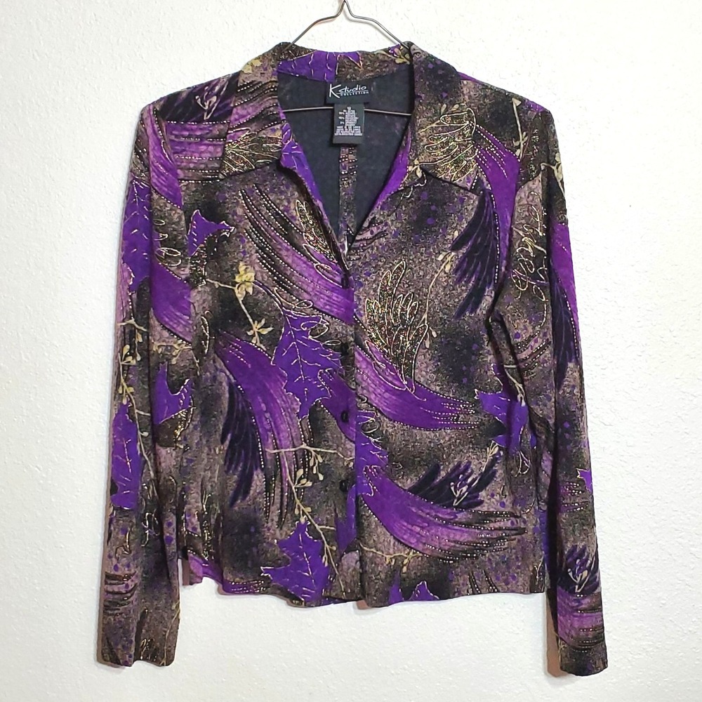 K Studio Collection Womens  Size 12 Long Sleeve Button Blouse Purple Black Gold